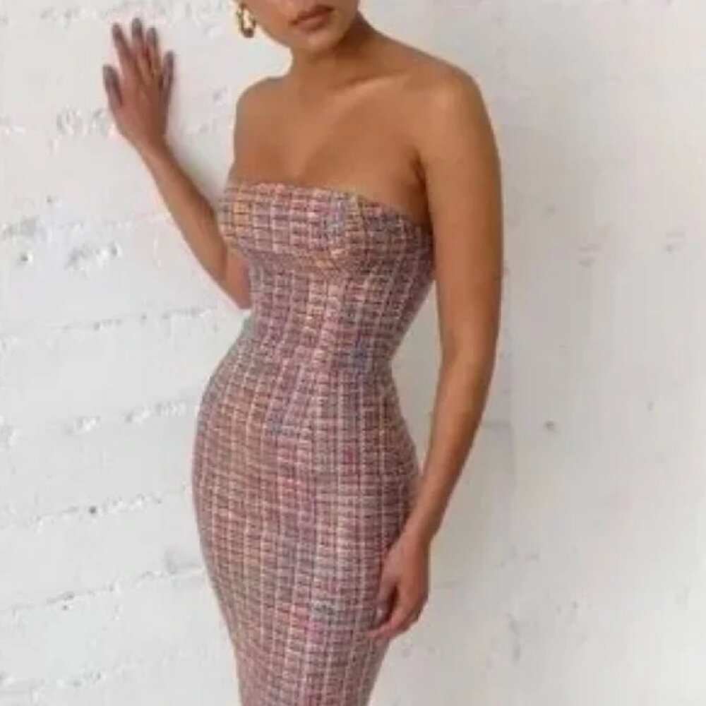 House of CB Gabrielle Multicolor Strapless Tweed Dress Size XS